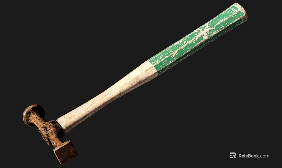 Rustic Green Wooden Handle Hammer As Essential Hardware Tool For Construction 3d model