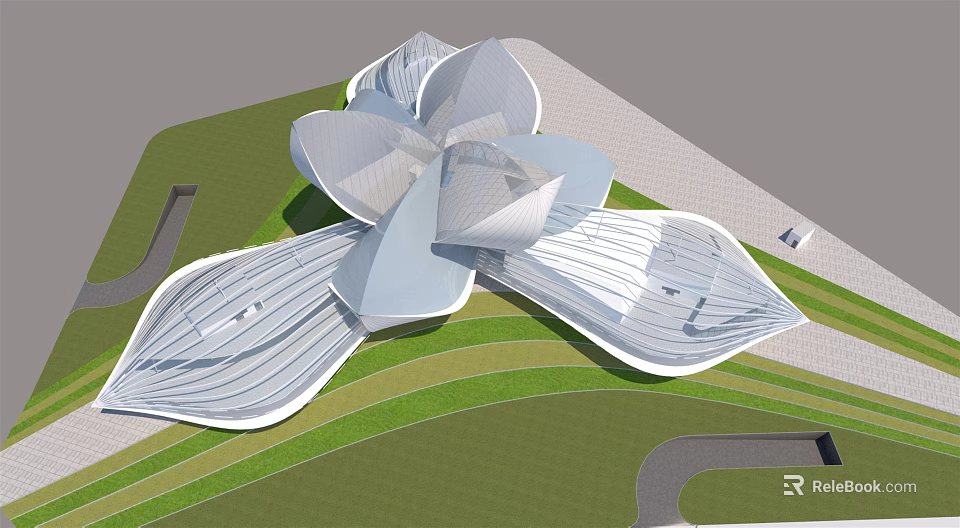 White Petal Shaped Landmark Building With Modern Architectural Design And Green Lawn 3d model