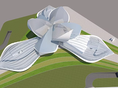 White Petal Shaped Landmark Building With Modern Architectural Design And Green Lawn 3d model