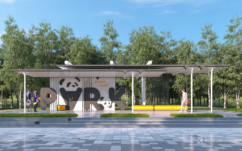 Outdoor Park Pergola With Shaded Roof Panda Pattern Signage Green Trees And Leisure Space 3d model 