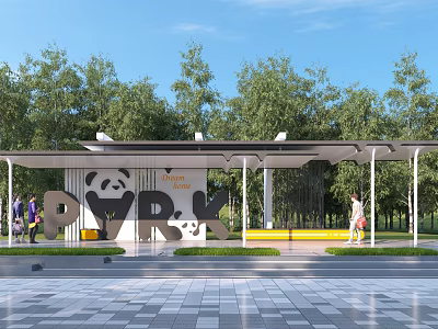 Outdoor Park Pergola With Shaded Roof Panda Pattern Signage Green Trees And Leisure Space 3d model