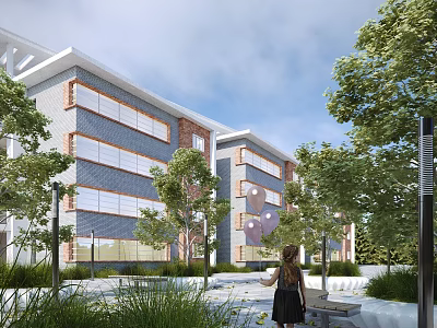 Modern Office Building With Contemporary Design And Lush Green Trees In Surroundings 3d model