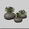 Three Gray Pots With Green Potted Plants On Black Surface And White Light Strip