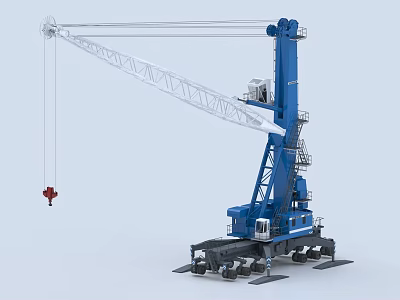 Blue Heavy Duty Industrial Crawler Crane With White Lattice Boom And Red Hook 3d model