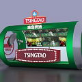 Tsingtao Beer Display Stand With Green Cylindrical Structure Red Logo And Beer Bottle