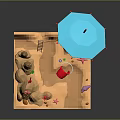 Scenic Beach Scene With Sand Castle Blue Umbrella Small Pond Starfish And Seashells