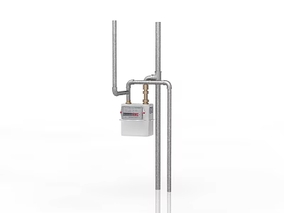 Kitchen Appliance Gas Meter With Metal Pipes Installation On White Background 3d model