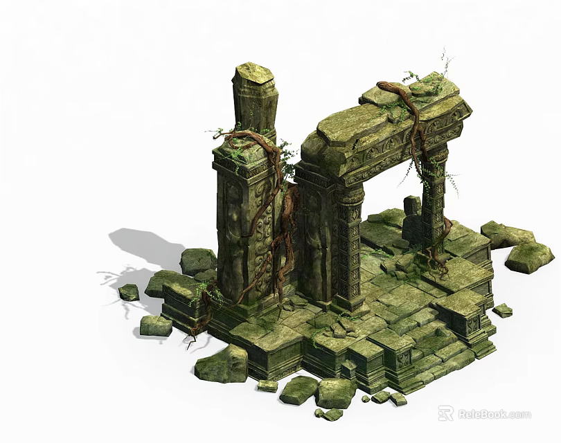 Ancient Stone Pillars And Archway With Vine Covered Structure And Scattered Blocks 3d model 