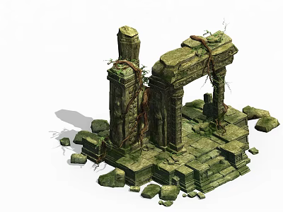 Ancient Stone Pillars And Archway With Vine Covered Structure And Scattered Blocks 3d model