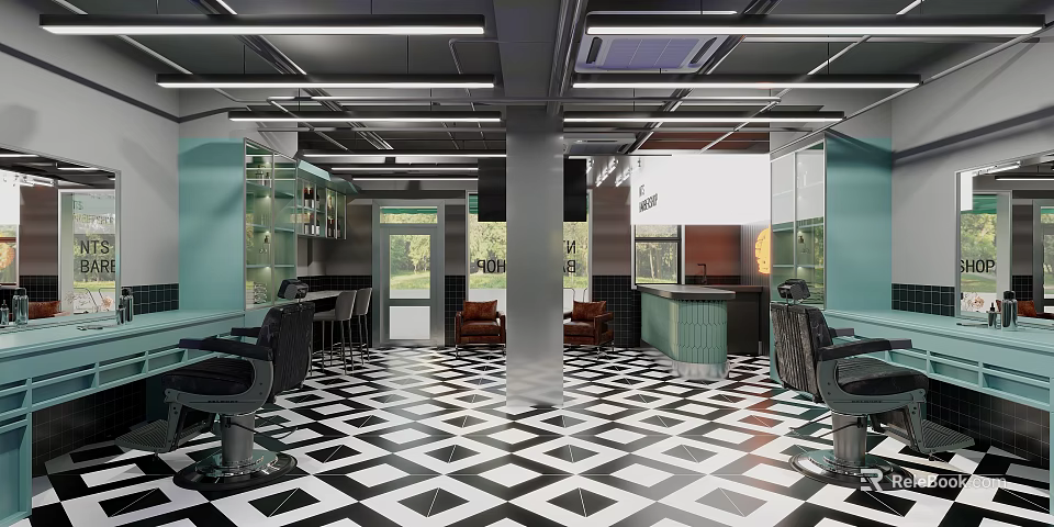Modern Hair Salon Interior With Black White Diamond Floor Teal Cabinets And Styling Chairs 3d model 