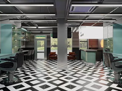 Modern Hair Salon Interior With Black White Diamond Floor Teal Cabinets And Styling Chairs 3d model