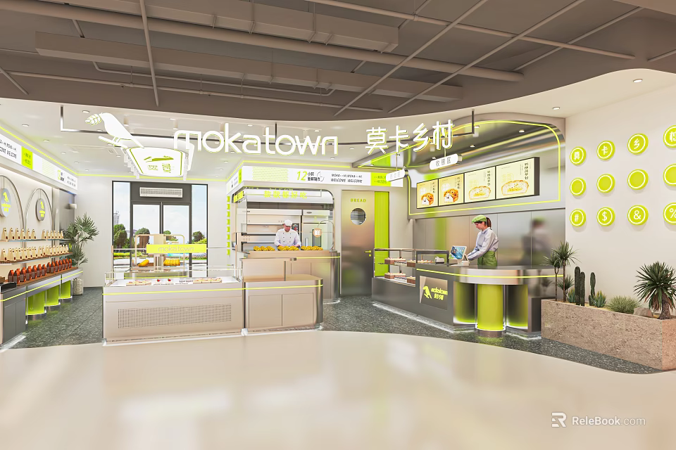 Mokatown Bright Dessert Shop Interior With Display Counters Staff And Green Plants 3d model 