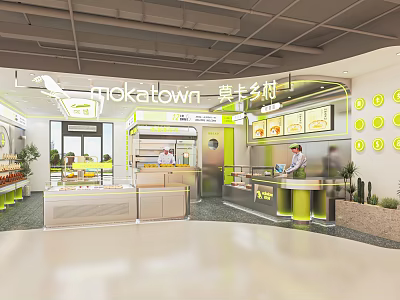 Mokatown Bright Dessert Shop Interior With Display Counters Staff And Green Plants 3d model
