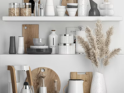 Organized Kitchenware Shelf With Cans Bottles Bowls Cutting Boards And Pampas Grass Vase 3d model