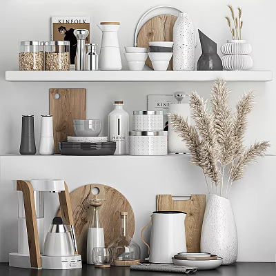 Organized Kitchenware Shelf With Cans Bottles Bowls Cutting Boards And Pampas Grass Vase 3d model
