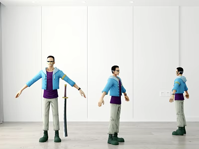Three Angles of Game Cinematic Character in Blue Jacket Purple Shirt with Sword 3d model