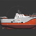 Red And White Water Transport Vessel With Green Deck Helicopter Pad And Equipment