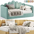Cozy Kids Bed With Beige Frame Animal Print Pillows And Soft Blanket