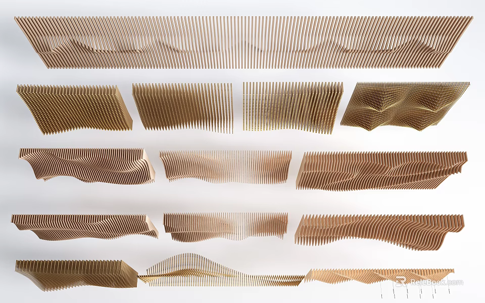 Modern Wooden Ceiling Design With Wave Shaped Slats And Layered Patterns 3d model 