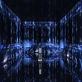 Modern High Tech Exhibition Hall With Blue Lighting Digital Lines Display Platform And Visitors