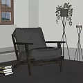 Cozy Single Sofa in Modern Room with Gray Upholstery Wooden Frame Green Plant and Books