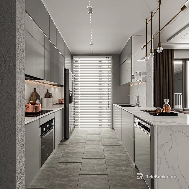 Modern Open Kitchen Interior With Gray Cabinets Marble Countertops Stainless Steel Appliances And Pendant Lights 3d model 