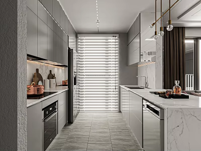 Modern Open Kitchen Interior With Gray Cabinets Marble Countertops Stainless Steel Appliances And Pendant Lights 3d model