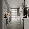 Modern Open Kitchen Interior With Gray Cabinets Marble Countertops Stainless Steel Appliances And Pendant Lights