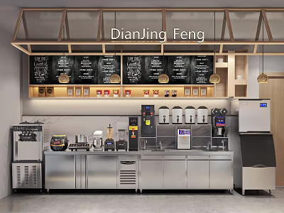 Modern Milk Tea Shop Interior With Equipment And Menu Boards 3d model