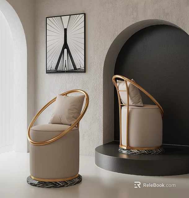 Modern Interior With Beige Seats And Golden Frames Arched Design Decorative Painting 3d model 