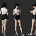 A Woman With Black Ponytail Wearing White Cropped Top And Black Track Pants Using Smartphone 3d model