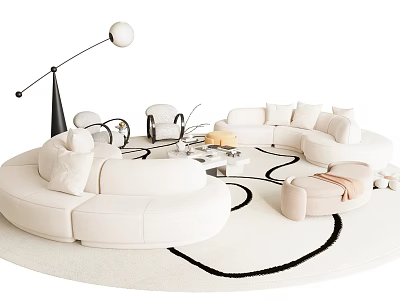 Elegant Modern Sofa And Coffee Table Set With White Round Rug And Floor Lamp 3d model