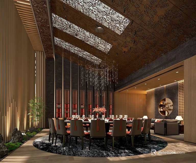 Elegant Chinese Style Private Dining Room Interior With Carved Ceiling Chandelier Round Table And Chairs 3d model 
