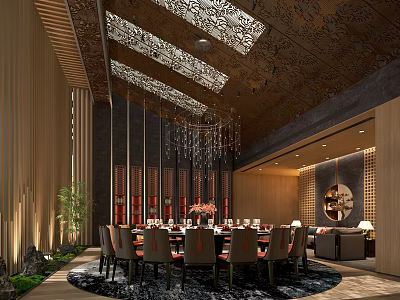 Elegant Chinese Style Private Dining Room Interior With Carved Ceiling Chandelier Round Table And Chairs 3d model