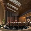 Elegant Chinese Style Private Dining Room Interior With Carved Ceiling Chandelier Round Table And Chairs