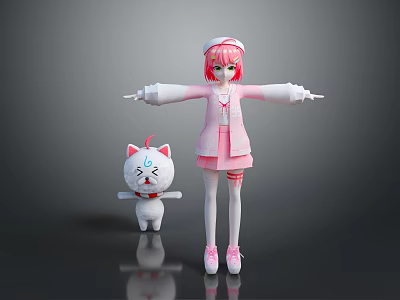 Game Movie Character With Pink Hair Pink Dress And White Kitten Standing Pose 3d model