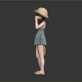 Little Girl In Blue Floral Dress With Straw Hat And Yellow Sandals