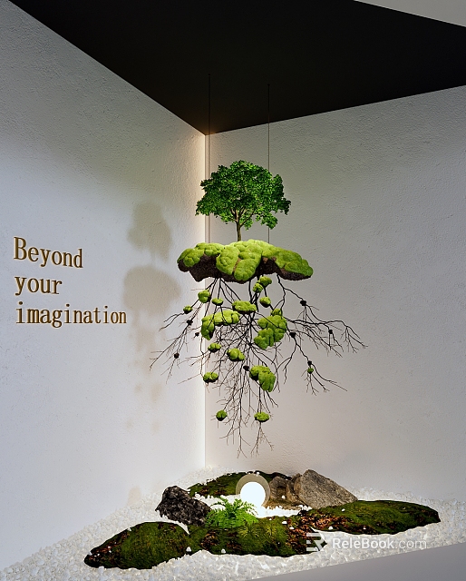 Indoor Landscape Featuring Hanging Tree Moss Roots And Wall Art 3d model 