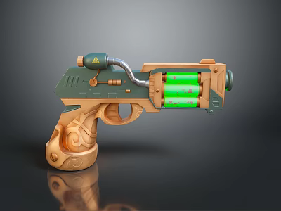 Futuristic Sci Fi Pistol With Copper Grip Green Energy Cells And Mechanical Pipes Design 3d model