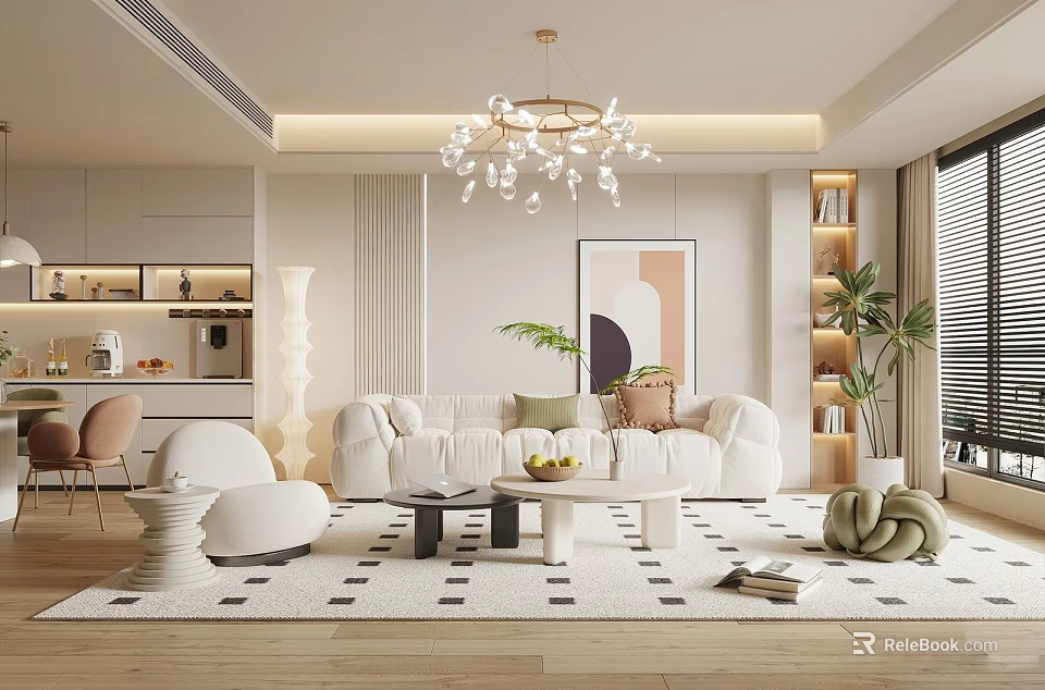 Modern Living Room Interior With White Sofa Chandelier Rug And Green Plants 3d model 