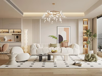 Modern Living Room Interior With White Sofa Chandelier Rug And Green Plants 3d model