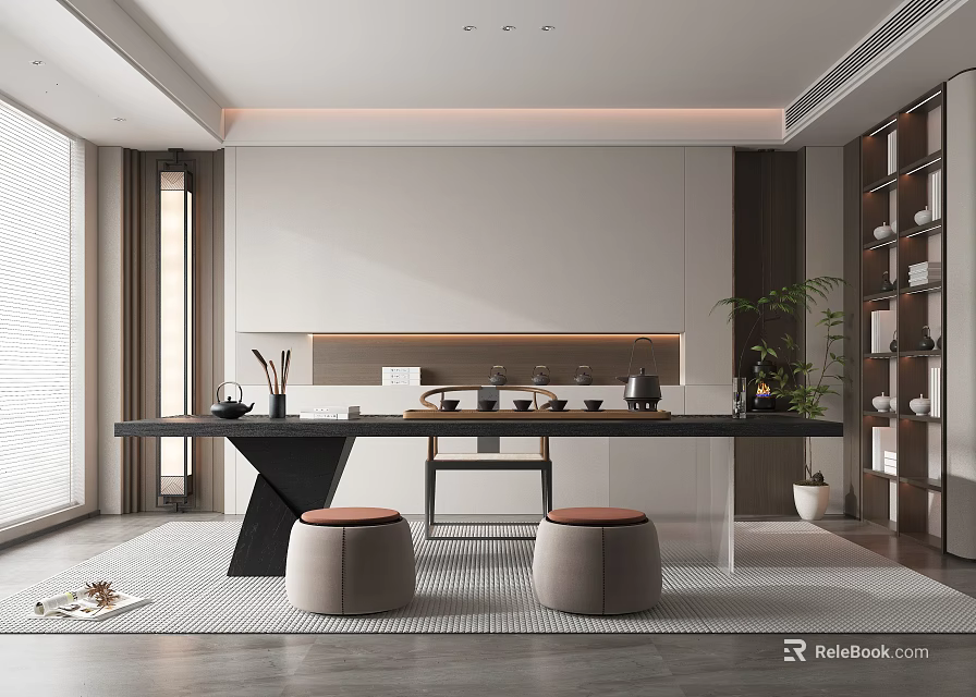 Serene Modern Tea Room Interior With Wooden Tea Table Tea Sets Green Plants And Bookshelves 3d model 