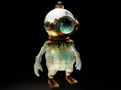 Vintage Diver Helmet Shaped Glass Doll with Transparent Body Grid Pattern and Golden Feet 3d model