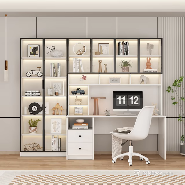 Modern Home Office Desk With White Chair Glass Door Bookshelf And Decorative Items 3d model 