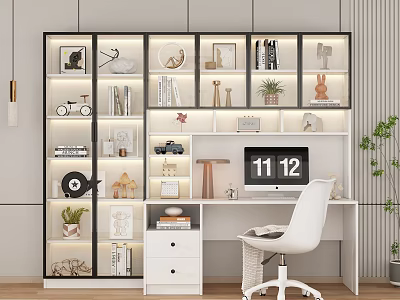 Modern Home Office Desk With White Chair Glass Door Bookshelf And Decorative Items 3d model