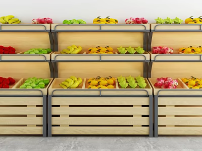 Wooden Display Shelves with Neatly Arranged Assorted Fresh Fruits on Multi-layered Racks 3d model