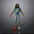 Long Haired Figure Wearing Tie Dye Shirt Light Blue Jeans Green Shoes With Red Guitar