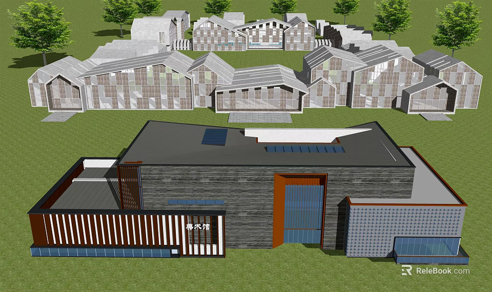 Modern Museum Building With Gray Roof Wooden Stone Facade And Green Lawn Trees 3d model 
