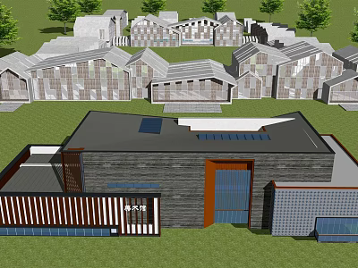 Modern Museum Building With Gray Roof Wooden Stone Facade And Green Lawn Trees 3d model