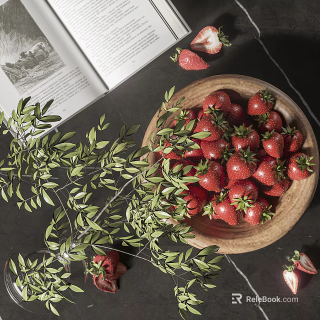 Ceramic Bowl Filled With Fresh Strawberries And Green Leaves Beside Open Book On Dark Table 3d model 